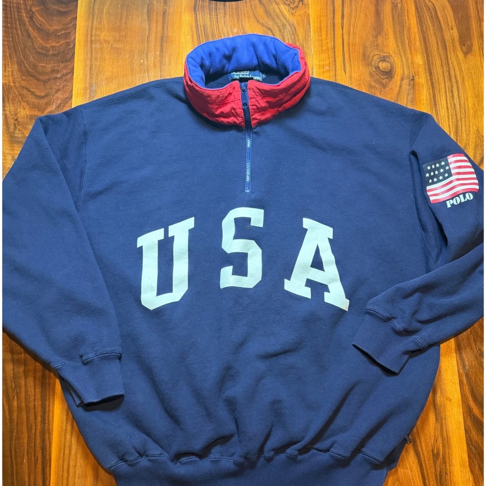 Vintage Polo Ralph Lauren USA Quarter Zip Sweatshirt Navy Blue Large Stow Hood